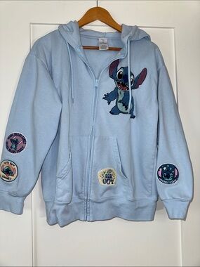 Disney Light Blue Stitch Hoodie full zip up  with Patches Sz Large